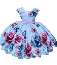 Vestido Infantil Azul Florido Floral Festa Cinderela Luxo Evangélico Casamento 4 a 16 - Baby's