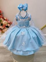 Vestido Infantil Azul Frozen Elsa Gelo com Capa de Luxo festa