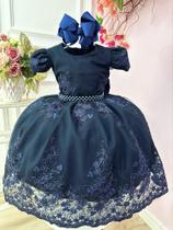 Vestido Infantil Azul Marinho C/ Renda Realeza Cinto Pérolas Luxo Festa 1100AM