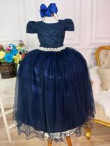 Vestido Infantil Azul Marinho Tule e Renda Longo Dama Luxo