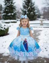 Vestido Infantil Azul Princesas Frozen Elsa Anna para Festas de Meninas