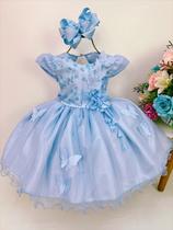 Vestido infantil azul renda aplique borboletas brilho luxo