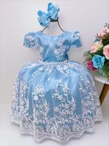 Vestido Infantil Azul Renda Branca Realeza e Pérolas Festa Luxo