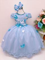 Vestido infantil azul renda c/ aplique e borboletas flores