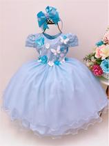 Vestido Infantil Azul Renda e Aplique de Flores Strass Luxo - TAMANHO 02
