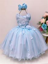 Vestido Infantil Azul Renda e Aplique de Flores Strass Luxo