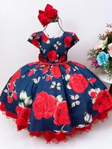 Vestido infantil azul rosas vermelhas com cinto pérolas