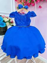 Vestido Infantil Azul Royal C/ Laço E Renda Cinto De Pérolas - puzzle