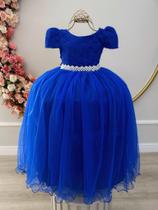 Vestido Infantil Azul Royal C/ Renda Realeza e Pérolas Damas super luxo festa 2251AZ