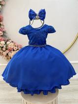 Vestido Infantil Azul Royal com Renda Metalizada e Tiara para Daminhas de Honra Vestido Infantil Azul Royal com Renda Metalizada e Tiara para Daminhas de Honra