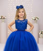 Vestido Infantil Azul Royal Longo com Renda para Formatura de Daminha