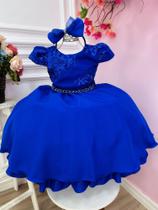Vestido Infantil Azul Royal Renda C/ Cinto Pérolas e Tiara - PUZZLE