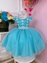 Vestido Infantil Azul Tiffany C/ Cinto Pérolas Strass Festa Luxo - Utchuk Kids