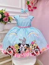 Vestido Infantil Baby Looney Tunes Azul Claro com Laço Festas RO3054AZ