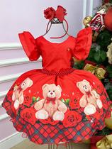 Vestido infantil Banana Club Vermelho Ursinho Flores Natal