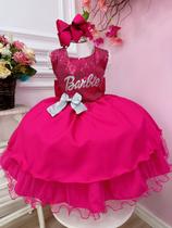 Vestido Infantil Barbie Busto Paetê Pink e Broche de Lacinho