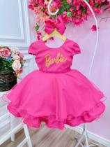 Vestido Infantil Barbie Luxo Pink Com Cinto de Pérolas