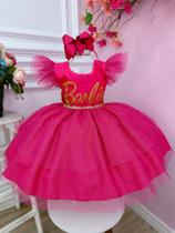 Vestido infantil Barbie Pink Babados Com Glitter Brilho Luxo Festa 4227PK