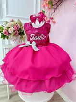 Vestido Infantil Barbie Pink Busto Paetê e Broche de Lacinho super luxo festa RO3355PD