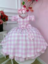 Vestido Infantil Barbie Rosa e Branco Xadrez C/ Aplique Laço Luxo Festa 4050RS