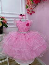 Vestido Infantil Barbie Rosa Glitter Cinto Strass Broche Flor Luxo Festa 4049RS