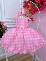 Vestido Infantil Barbie Rosa Xadrez Branco Cinto C/ Fivela