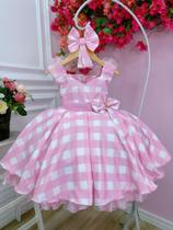 Vestido Infantil Barbie Rosa Xadrez Branco Com Laço