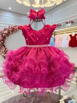 Vestido Infantil Batizado Pink Saia Com Babados Luxo Festa