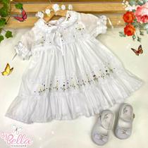 Vestido infantil bebê bordado manual batismo batizado branco florence