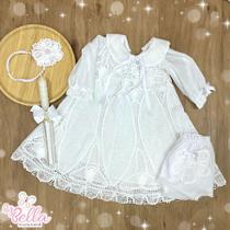 Vestido infantil bebê renda renascença bordado batismo batizado madalena manga longa