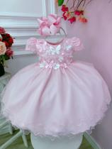 Vestido Infantil Bebê Rosa C/ Renda Jardim Encantado Pérolas Luxo Festa 3567RR