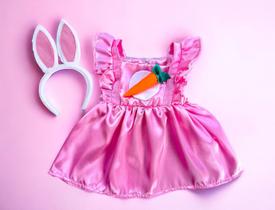 Vestido Infantil Bebê Temático Coelinho da Páscoa Com Tiara Orelha de Coelho
