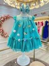 Vestido Infantil Bebê Verde Jardim Encantado Luxo - Tamanho P a G