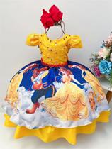 Vestido Infantil Bela e a Fera Amarelo C/ Renda Princesas Luxo Festa 1082AM