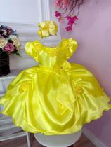 Vestido Infantil Bela e a Fera C/ Aplique Flores Princesas Luxo Festa 4625AM