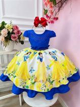 Vestido Infantil Branca de Neve Azul e Amarelo para Festa Luxo