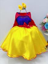 Vestido Infantil Branca de Neve C/ Capa e Laço Strass