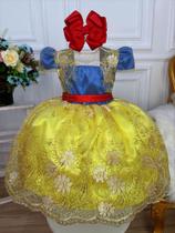 Vestido Infantil Branca de Neve Renda Dourada Strass Festa Luxo