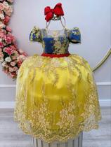 Vestido Infantil Branca de Neve Renda Metalizada Dourada Luxo Festa
