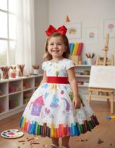 Vestido Infantil Branco Aquarela Colorido Abc Formatura