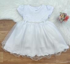 Vestido Infantil Branco Batizado Strass Saia Lisa