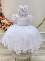 Vestido Infantil Branco Busto Com Renda Daminhas Batizados