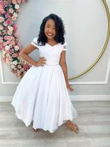 Vestido Infantil Branco Busto Nervura Cinto Pérolas Damas
