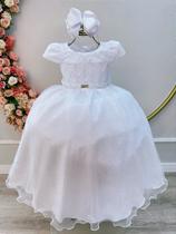 Vestido Infantil Branco Busto Nervura Daminhas Festas