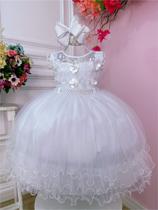 Vestido Infantil Branco C/ Aplique de Flores e Renda Luxo