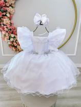 Vestido Infantil Branco C/ Broche Prata Babados Damas Festa