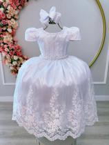 Vestido Infantil Branco C/ Cinto de Pérolas e Renda Realeza Luxo Festa 2260BD - utchuk kids