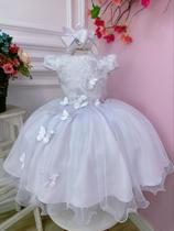 Vestido Infantil Branco C/ Renda e Aplique Borboletas Damas Luxo Festa 4507BR