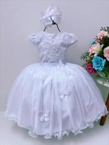 Vestido infantil branco c/ renda e borboletas dama princesas