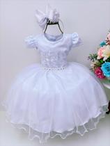 Vestido infantil branco c/ renda e cinto de pérolas